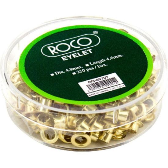 Picture of Roco Eyelet Brass, 
Single Holeup to 15 Sheets of 80 gsm;19 Sheets of 70 gsm Gold
250 Pieces/Box